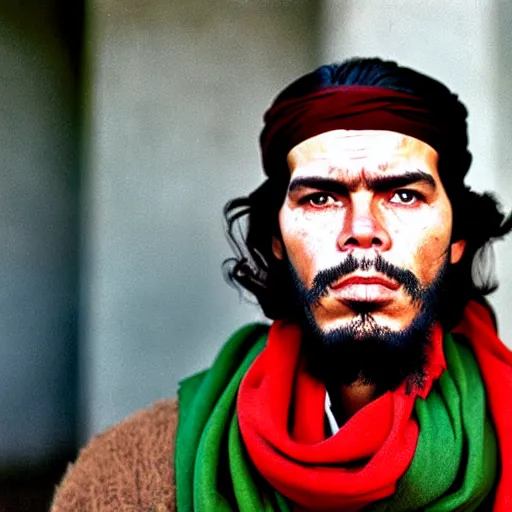 Image similar to portrait of che guevara as afghan man, green eyes and red scarf looking intently, photograph by steve mccurry