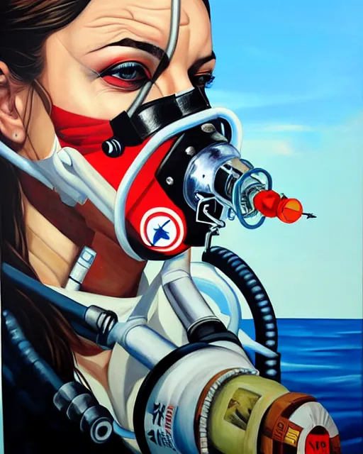 Prompt: portrait of a spy wearing oxygen mask with a harpoon with sea background with horror side profile by Sandra Chevrier