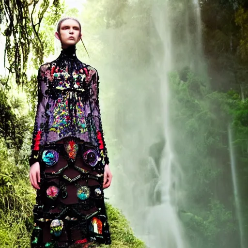 Image similar to hungarian cybernetic folk costume made by valentino resort ss 2 0 1 6, sheer layered floral dress, chain jewelry, coin veil, cute young model standing near a mystical mountain forest waterfalls, hologram flowers