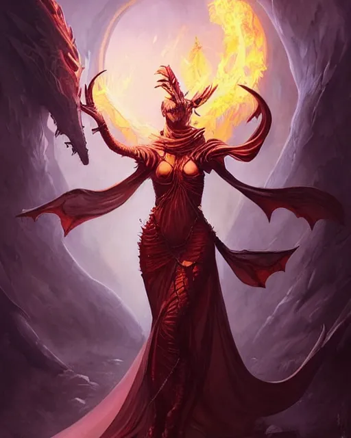 Prompt: dragon priestess in a twisting gown of flaming scales and obsidian, dark fantasy art, artgerm, jesper ejsing, peter mohrbacher