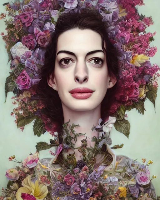 Image similar to portrait of anne hathaway, surrounded by flowers by karol bak, james jean, tom bagshaw, rococo, sharp focus, trending on artstation, cinematic lighting, hyper realism, octane render, 8 k, hyper detailed.