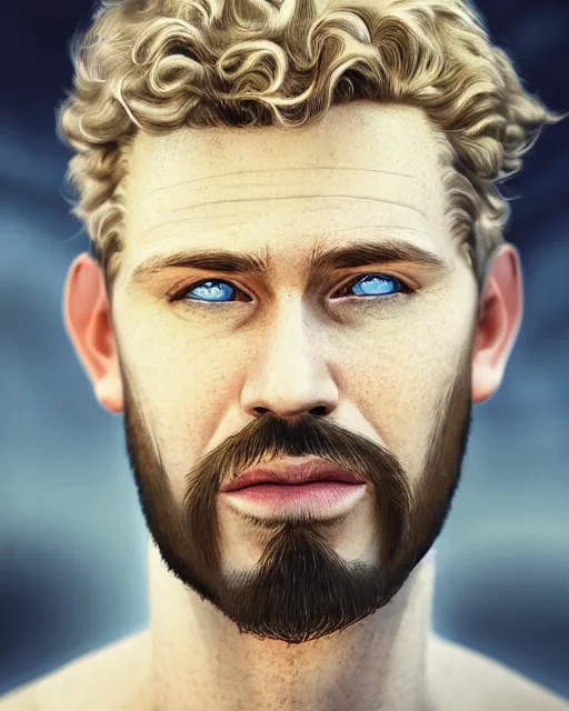 Prompt: portrait of a man in his mid - twenties with dull blue eyes, curly blond hair, short goatee, ultra realistic, epic, highly detailed, hd, sharp focus, cinematic lighting, realistic, dreamy, vivid colors, dreary, morose, matt painting, digital art, non blurry, sharp, artstation, concept art, smooth, comic book style, illustration