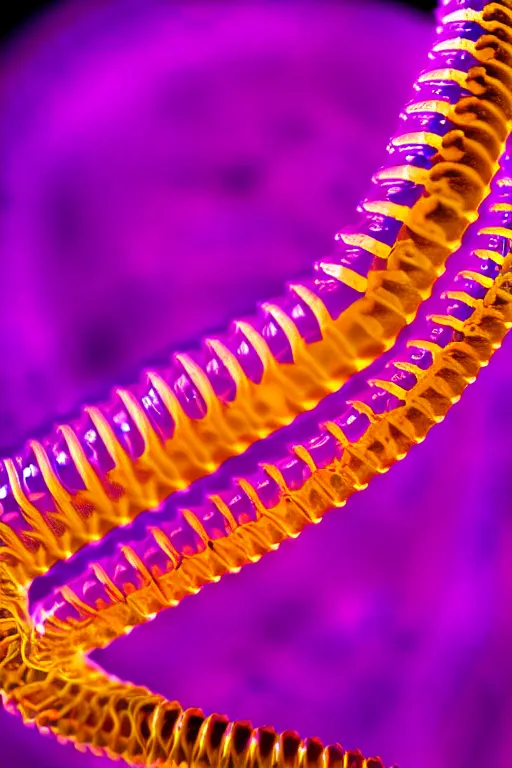 Image similar to high quality close-up photo translucent biomechanic centipede! gorgeous highly detailed hannah yata elson peter cinematic yellow and purple lighting high quality low angle hd 8k sharp shallow depth of field