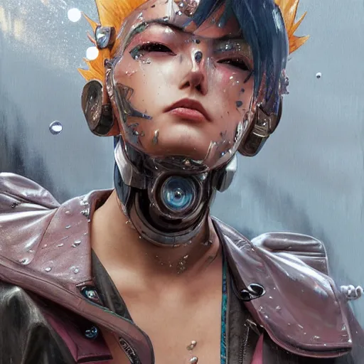 Image similar to painting of an anime punk cyborg woman, water particles floating in the air, finely detailed facial features, weathered drawing, film grain, painted art by tsuyoshi nagano, greg rutkowski, artgerm, alphonse mucha, spike painting