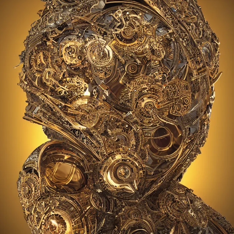 Image similar to octane render portrait by wayne barlow and carlo crivelli and glenn fabry, a high - end chrome clockwork automaton with intricate gold and silver detailing in the style of henna face tattoos, inside a wide mandala pattern made out of colorful flames, volumetric lighting and light rays, cinema 4 d, ray traced lighting, very short depth of field, bokeh