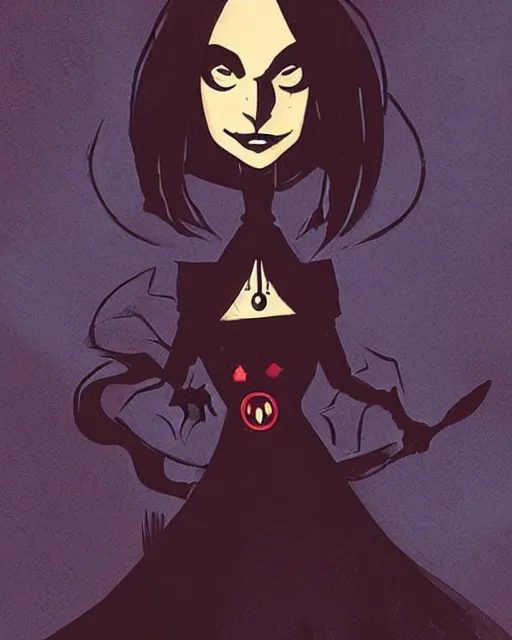 Image similar to style of mike mignola : : gorgeous willa holland : : evil witch, swirling black magic, black dress : : symmetrical face, symmetrical eyes : : full body pose : : gorgeous black hair : : magic lighting, low spacial lighting : :