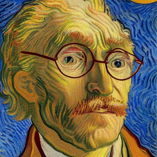 Prompt: A portrait of Harry Carey gazing at a moon made of cheese by Van Gogh (1884)