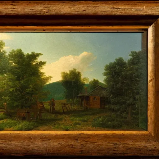 Image similar to Woodcutter Cabin in 1750,viewed by Thoreau, in the style of the Hudson River School