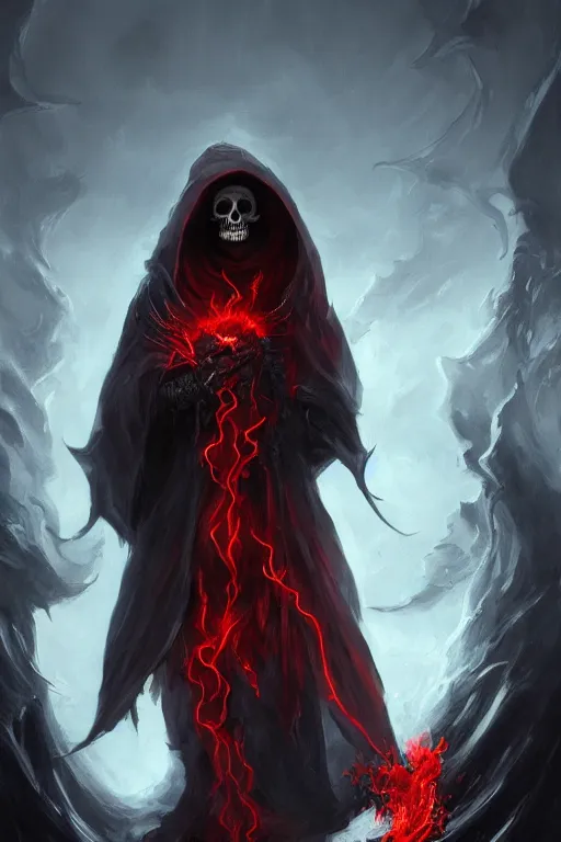 Image similar to A full body portrait of a mysterious character with a flaming skull with a very long hooded blood red and black cloak, tentacles coming out the ground art by Jason Chan and Feng Zhu, ominous, cosmic horror, trending on artstation, Ultra detailed, hyper realistic 4k