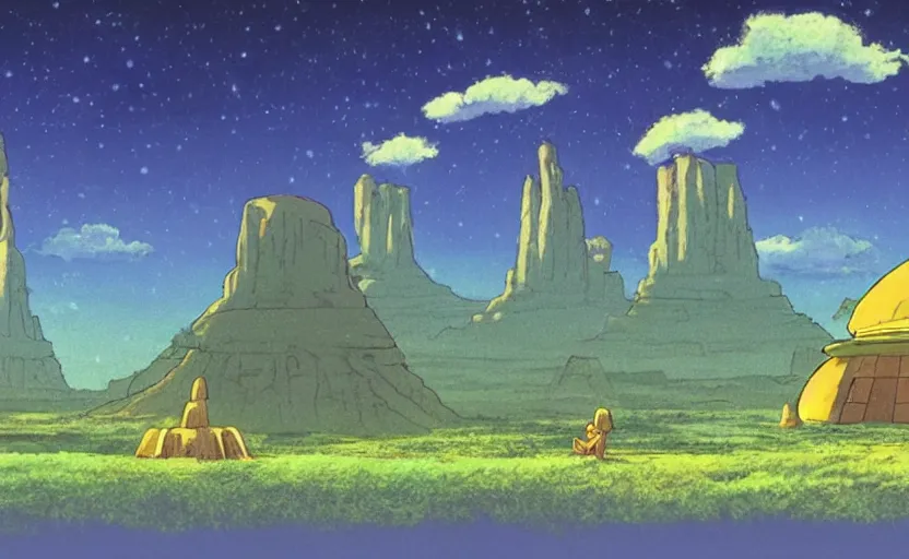 Prompt: a cell - shaded studio ghibli concept art from paprika ( 2 0 0 6 ) of a ufo with lights from close encounters of the third kind ( 1 9 7 7 ) sitting on top of a lush temple that looks like monument valley stonehenge jungle. a caravan is in the foreground. very dull colors, portal, hd, 4 k, hq