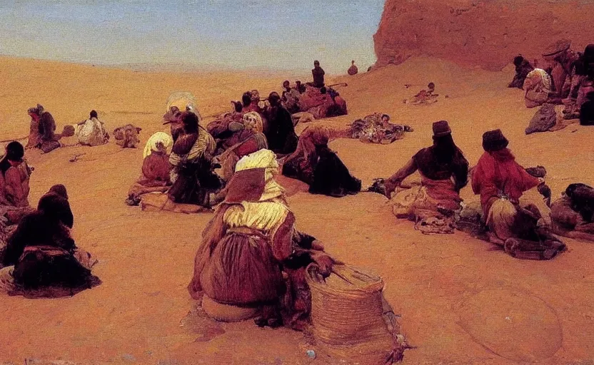 Prompt: high quality high detail painting by ilya repin, a long row of people in the desert, hd