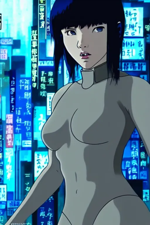 Image similar to long shot from the film ghost in the shell, style of yoshii chie, cinematic, highly detailed