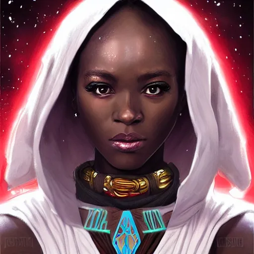 Prompt: african female, jedi master, wearing the traditional jedi robe, beautiful and uniquely odd looking, detailed symmetrical close up portrait, intricate complexity, in the style of artgerm and ilya kuvshinov, magic the gathering, star wars art