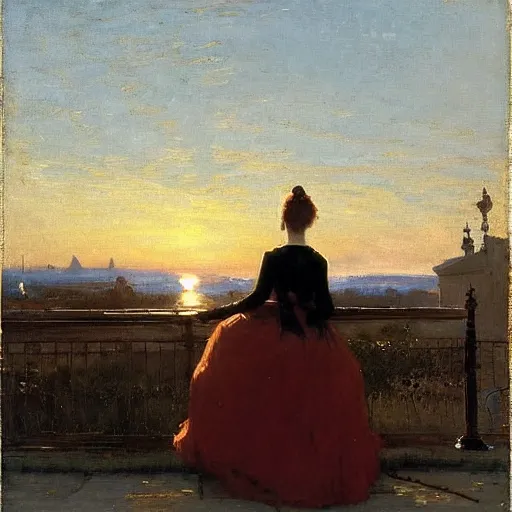 Image similar to young lady in ball gown and young worker watching the sunset by alfred stevens