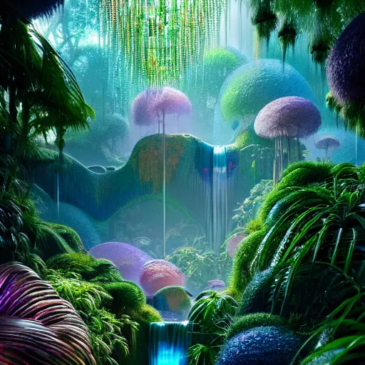 Image similar to iridescent opalescent landscape tropical forest, waterfall, : by michal karcz, daniel merriam, victo ngai and guillermo del toro : ornate, dynamic, particulate, intricate, elegant, highly detailed, centered, artstation, smooth, sharp focus, octane render