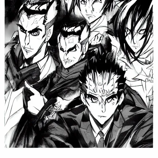 Image similar to Manga ink rough art of Gigachad evil posse
