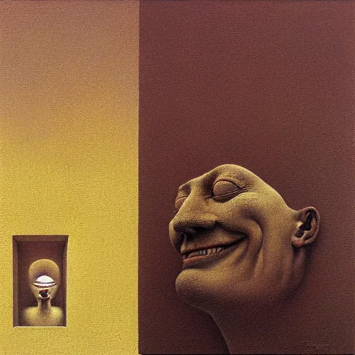 Image similar to soft focus with deep shadows, dystopian surreal painting of eerie grinning head statues and block buildings by zdzisław beksinski