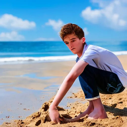 Image similar to beautiful teenage boy with pale skin amd natural brown hair is digging in the sand on a beach. Blue sky. Detailed face. Photo 8K.