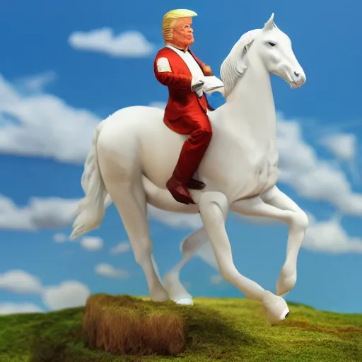 Image similar to Donald Trump riding a white horse, wide lens, diorama, 4k, photorealism