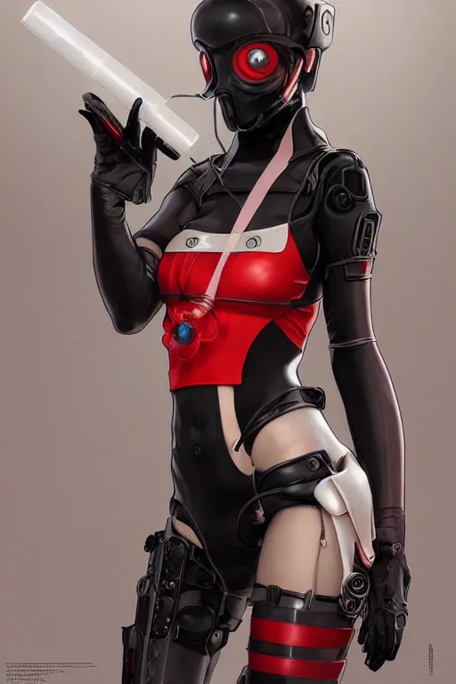 Prompt: covid - 1 9 nurse holding a syringe, wearing nurse bikini armor, black and white and red bodysuit, cyberpunk, neo - gothic, by tom bagshaw and alphonse mucha and atey ghailan and artgerm and and greg rutkowski and hajime soriyama, ultra detailed, hyper realistic, octane render, trending on artstation