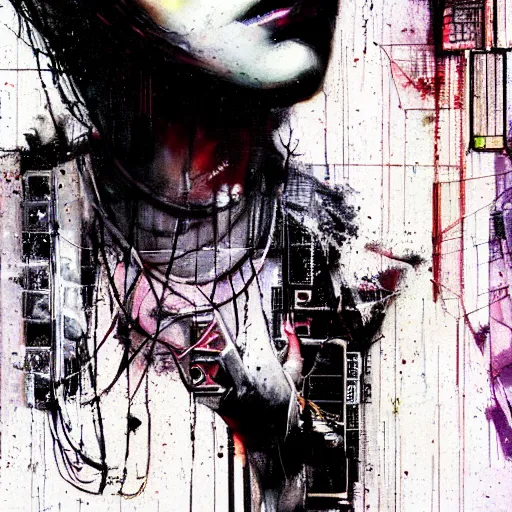 Image similar to a young punk woman lost in a cyberpunk noir glitchcore world of wires, and machines, by jeremy mann, francis bacon and agnes cecile, and dave mckean ink drips, paint smears, digital glitches glitchart