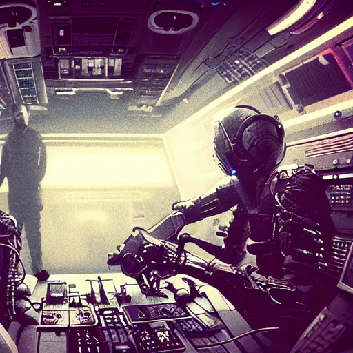 Prompt: cyberpunk, spaceship, nostromo, cockpit, console, controls, windows, space outside with stars, two crew members at controls, alien movie spaceship, wires, pc screeens, messy, grungy, hazy, spotlit, atmospheric, cinematic, matte painting, dark, gloomy, moody, scary, concealed lighting, very moody and sombre, utilitarian, gritty, raytrace rendering, trending on artstation, hyper detailed, hyper realism, 8k rendering, blue green lights, cinematic, octane rendrring, symmetric, symmetrical shape, uplight