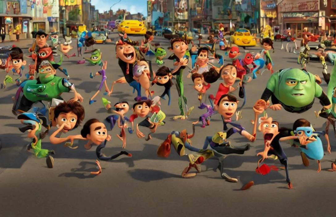 Image similar to pixar movie about kids violently robbing stores, 3 d animation, pixar style, disney, movie still frame