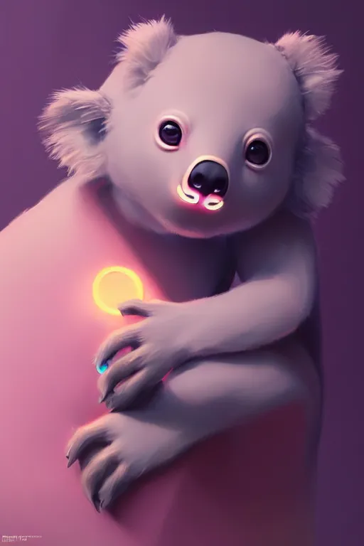 Prompt: super cute Bioluminescent humanoid koala character concept, soft light, soft mood, realistic body features and face, illustration, painting oil on canvas by Elena Zhurikhina and Goro Fujita and Charlie Bowater, octane render trending on artstation, 4k, 8k, HD