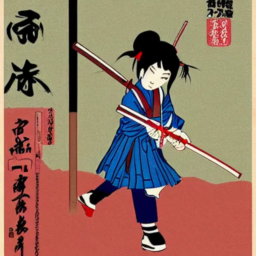 Prompt: Japanese schoolgirl runs away from Samurai with a katana on the subway by Toshio Saeki, high detailed