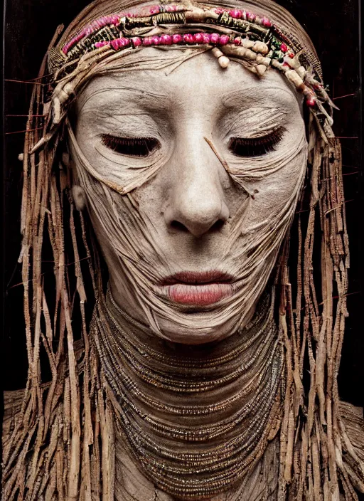 Prompt: a portrait of a mummified woman, ritualistic burial, pagan empress with closed eyes, decorated with beads and feathers and twigs, cobwebs, photorealistic, beautiful hyper realistic painting, detailed portrait