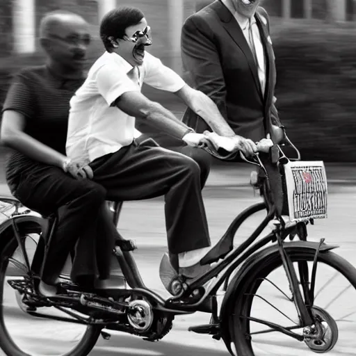 Image similar to joe biden and gandhi drunkenly riding two seater bike together, laughing and joking, photorealistic, detailed