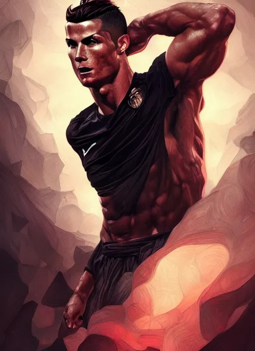 Prompt: portrait of cristiano ronaldo, d & d, muscular!, black, fantasy, intricate, elegant, highly detailed, digital painting, artstation, concept art, smooth, sharp focus, illustration, art by artgerm and greg rutkowski and alphonse mucha