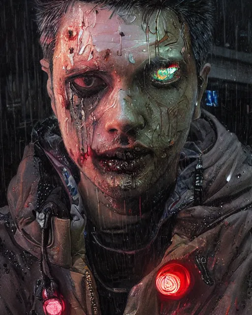 Image similar to detailed portrait, zombie, rain, cyberpunk futuristic neon, reflective puffy coat, decorated with traditional japanese ornaments by ismail inceoglu dragan bibin hans thoma greg rutkowski alexandros pyromallis nekro rene maritte illustrated, perfect face, fine details, realistic shaded, fine - face, pretty face