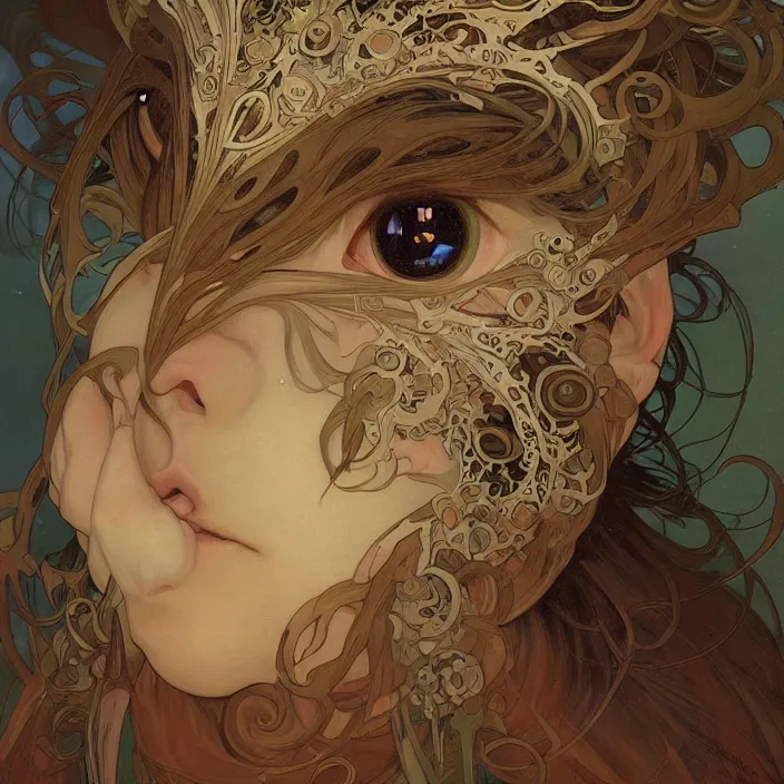 Image similar to A portrait of A cat with many eyes by Ross Tran!!! and alphonse mucha and greg rutkowski! and gustav doré! and Zdzisław Beksiński!,In style of digital art illustration.Symmetry.Highly detailed face.Fantasy,smooth,hyper detailed,sharp focus,Soft light.trending on artstation.4k