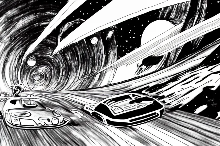 Prompt: anime drawing of a car race on the rings of saturn