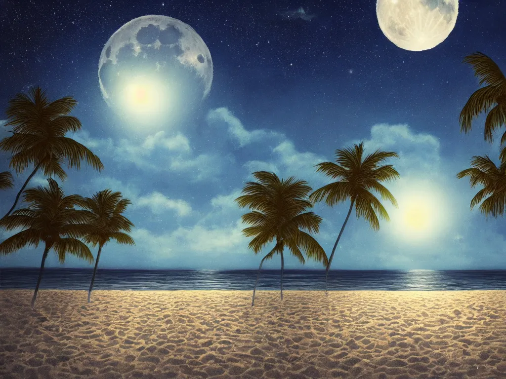 Image similar to night on a summer miami city beach, palm trees, footprints in the sand, full moon reflected in the calm ocean, starry sky 8 k, ultra detailed, trending on artstation, digital painting