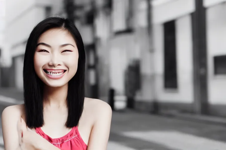 Image similar to still photo of a beautiful asian woman smiling at the camera on the street, black and white color aesthetic, highly detailed, photorealistic portrait, bright studio setting, studio lighting, crisp quality and light reflections, unreal engine 5 quality render