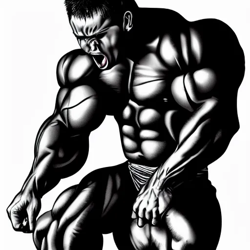 Image similar to a steroids baby with absurdly big muscles, intense expression, epic, high detail, high contrast