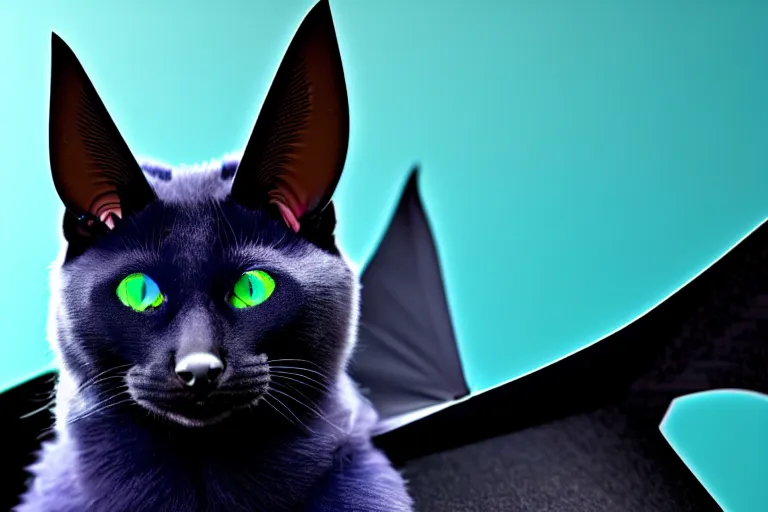 Image similar to a blue - and - black male heterochromatic catbat fursona with blue / green heterochromatic eyes ( differently - colored eyes, one green, one blue ) and huge bat ears, photo of the catbat streaming on his computer