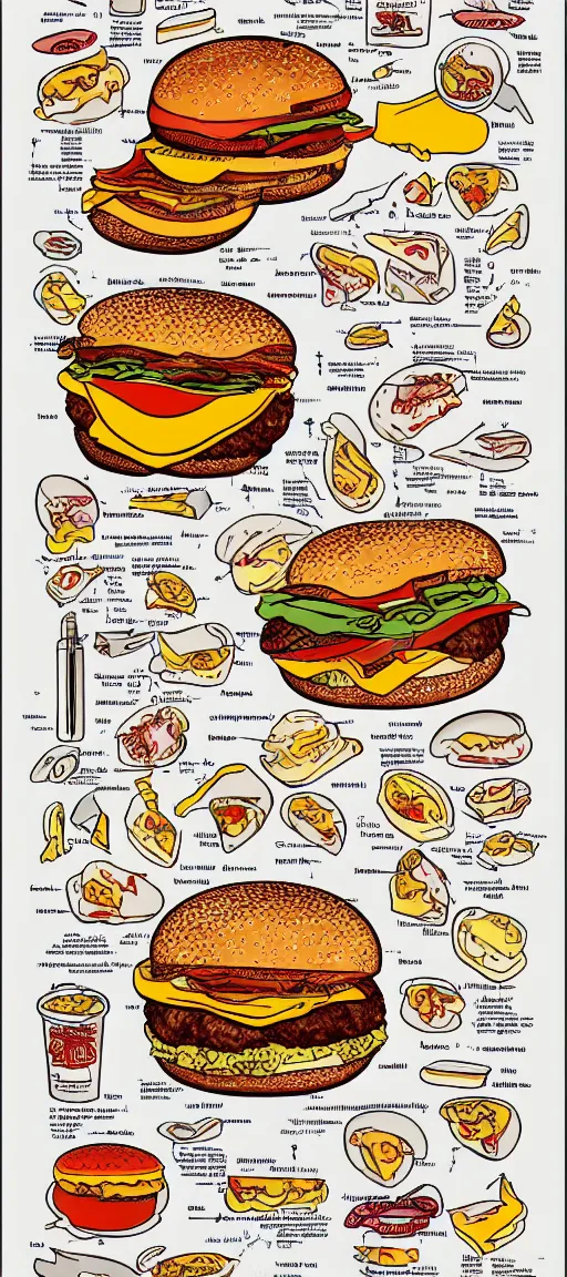 Prompt: full page lithograph how to put together a cheeseburger, lithographics, color, white paper, labeled diagram, illustration, detailed, intricate, vector, vector aesthetics