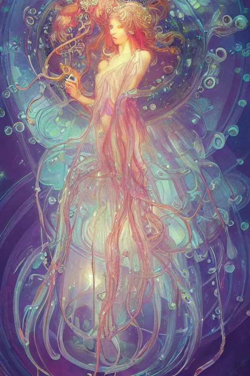 Prompt: a beautiful painting of jellyfish in a cylindrical aquarium, colorful light, shimmering and prismatic, rococo, by krenz cushart and mucha, trending on artstation.