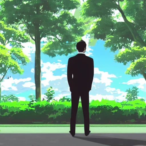 Image similar to a worker wearing a suit is contemplating life in front of his desk, it is all inside a small depressive cubicle which is completely surrounded by beautiful nature, anime style