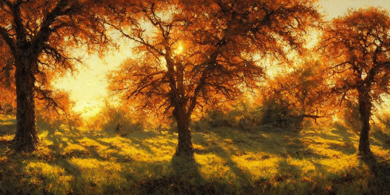 Prompt: a beautiful, stunning oil painting of a landscape with giant oak and alder trees in spring during sunset by craig mullins