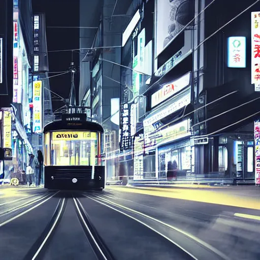 Image similar to a tram ride in tokyo at night, hyper realistic, very detailed, cinematic