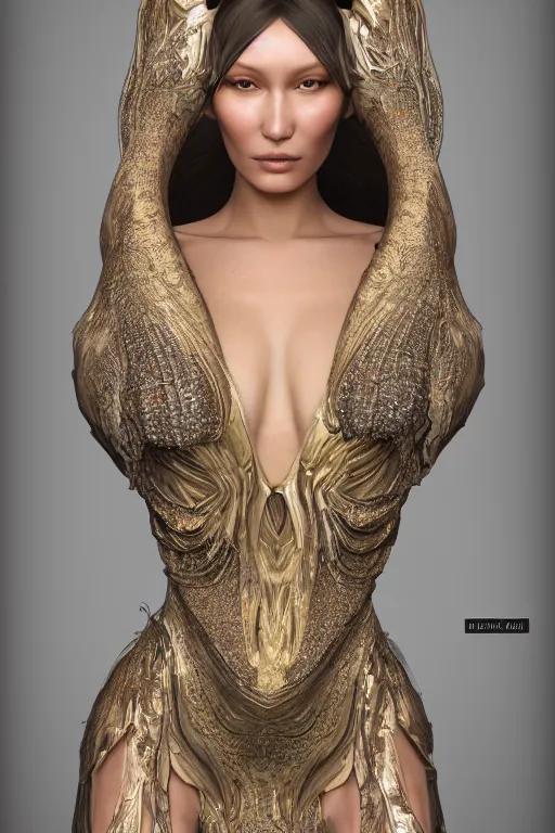 Image similar to a highly detailed portrait of a beautiful alien goddess bella hadid in iris van herpen dress in diamonds in style of alphonse mucha trending on artstation made in unreal engine 4