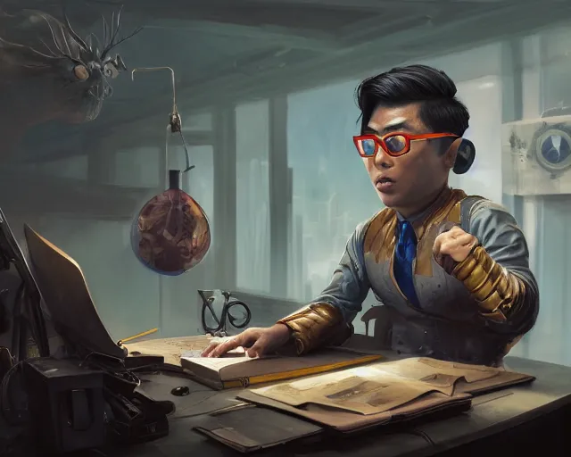 Image similar to an insanely detailed painting of a nerdy asian man wearing a superhero costume, sitting at a desk, staring at the nervously at the computer and typing, in the style of peter mohrbacher, dramatic lighting and composition, surreal background, octane render, pixar, trending on artstation, concept art, comic book, view from behind