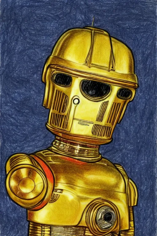 Prompt: c 3 po as drawn by a 5 - year old child, crayon