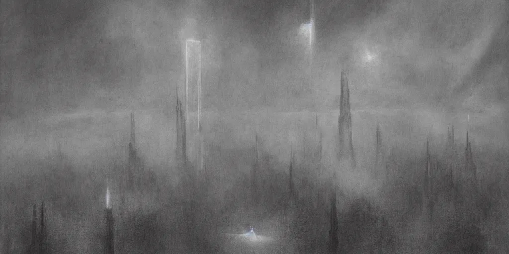 Image similar to many small birds, shining light, rays of light, by beksinski, shining light, high clouds, towers, Award winning, pencil drawing, masterpiece, detailed illustration
