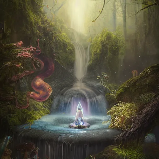 Prompt: tom bagshaw, wolf, mythical cosmic shrine, soft painting render curiosities carnival pond river vegetation rocks bugs wildlife mushrooms covered moss bioluminescent wisps, beautiful stunning waterfall, accurate features, focus, very intricate ultrafine details, random volumetric lighting, fog, award winning masterpiece, octane render 8 k hd, artstation