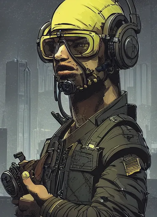 Prompt: Menacing Hector. buff cyberpunk mercenary wearing a cyberpunk headset, military vest, and pilot jumpsuit. square face. Concept art by James Gurney and Laurie Greasley. Moody Industrial skyline. Exaggerated proportions. ArtstationHQ. Creative character design for cyberpunk 2077.
